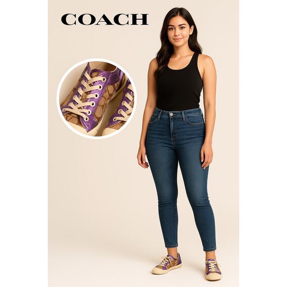 Coach Zorra A1412 Logo Sneakers 8.5 Brown Canvas Purple Sequin Trim Distressed - Picture 2 of 10